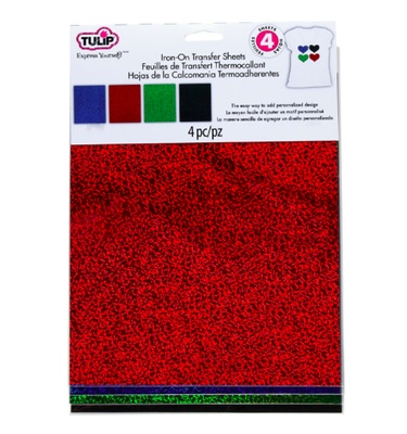 Набор термотрансферных глиттерных листов Tulip® Fashion Glitter® Shimmer Transfer Sheets, 22х28 см, красный, синий, зеленый, черный, 4 листа