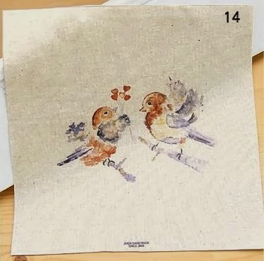 Картинки на льне - Птички с сердечками, арт.0150, 20х20 см