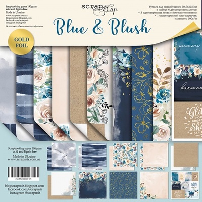 Набор двусторонней бумаги с золотым тиснением от Scrapmir - Blue & Blush, 30х30см,10шт.