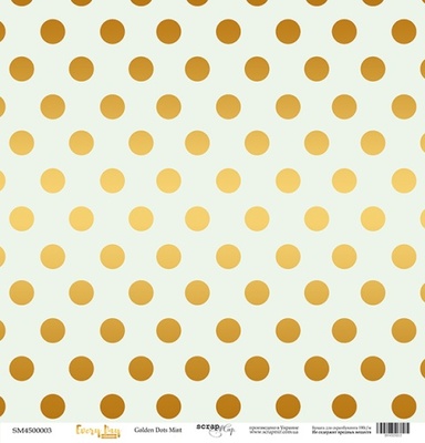 Лист односторонней бумаги с золотым тиснением от Scrapmir - "Golden Dots Mint" из коллекции Every Day, 30x30 см