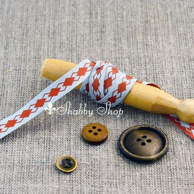 Лента American Crafts двусторонняя в ромбики, голубо-кирпичная, ширина 9,5мм, 90 см