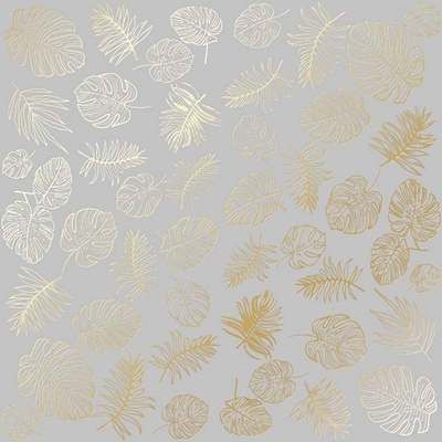 Лист односторонней бумаги с фольгированием Golden Tropical Leaves Gray,ТМ Фабрика Декора
