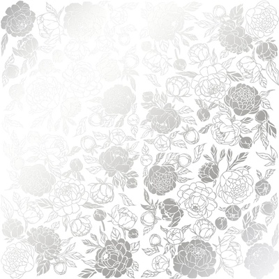 Аркуш одностороннього паперу зі срібним тисненням, дизайн Silver Peony Passion White, 30,5см х 30,5см, ТМ Фабрика Декору