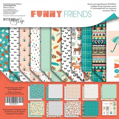 Набор двусторонней бумаги от Scrapmir - Funny Friends, 30х30 см, 11шт