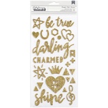 Стикеры с золотым глиттером  от Crate Paper - Shine Thickers Stickers- Beautiful Words & Icons/Gold Glitter, 79 шт.