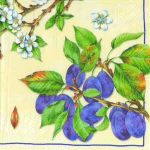 Салфетка для декупажа "Ветки спелой сливы и цветущие ветви", цвет фона: кремовый, размер: 33х33 см