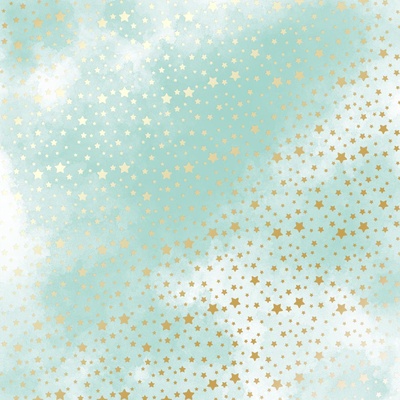 Аркуш одностороннього паперу з фольгуванням, дизайн Golden stars, Mint water, 30,5см х 30,5см, ТМ Фабрика Декору