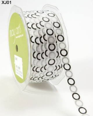 Лента GROSGRAIN / CIRCLES,   ширина 9,5мм, цвет WHITE/BLACK/SILVER, 90см