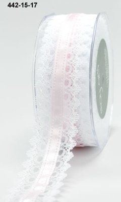 Кружево с лентой White Lace/Satin Center - Pink, ширина 3,8 см, длина 90 см, цвет розовый