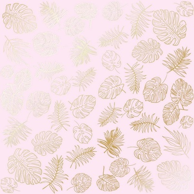 Лист односторонней бумаги с фольгированием Golden Tropical Leaves Light pink,ТМ Фабрика Декора