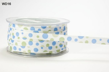 Лента GROSGRAIN/BUBBLE DOT, цвет WHITE/LIGHT BLUE/OLIVE, ширина 9,5мм, длина 90 см