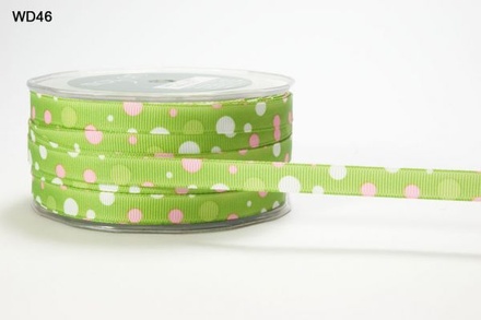 Лента GROSGRAIN/BUBBLE DOT, цвет PARROT GREEN/PINK/WHITE, ширина 9,5мм, длина 90 см
