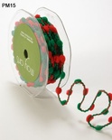 Лента Pom Poms/Wired, размер 10 мм, цвет: зеленый/красный, 90 см
