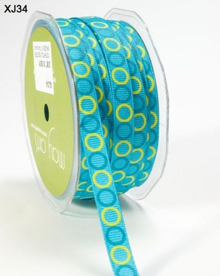 Лента GROSGRAIN / CIRCLES,   ширина 9,5мм, цвет TURQUOISE/PARROT GREEN, 90см