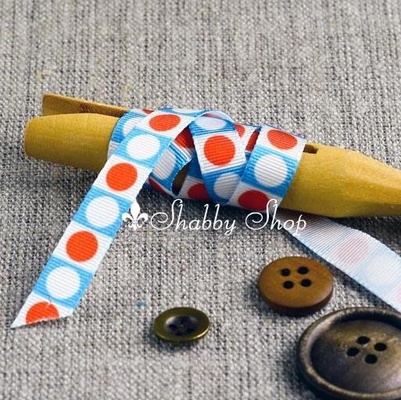 Лента American Crafts голубая в красный, белый горошек, ширина 9,5мм, 90 см
