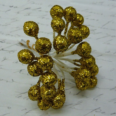 Ягодки HOLLY c глиттером, пластик,  цвет золото, 6 шт.
