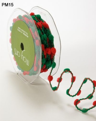 Лента Pom Poms/Wired, размер 10 мм, цвет: зеленый/красный, 90 см