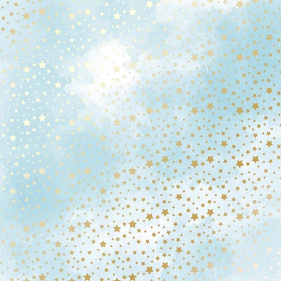 Аркуш одностороннього паперу з фольгуванням, дизайн Golden stars, Azure water, 30,5см х 30,5см, ТМ Фабрика Декору