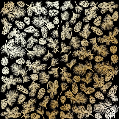 Аркуш одностороннього паперу з фольгуванням, дизайн Golden Pine cones Black, 30,5см х 30,5см, ТМ Фабрика Декору