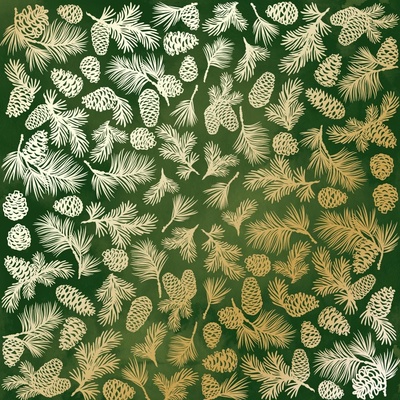 Аркуш одностороннього паперу з фольгуванням, дизайн Golden Pine cones Green aquarelle, 30,5см х 30,5см, ТМ Фабрика Декору
