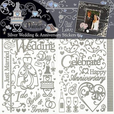 Набор наклеек-высечек HOTP - Wedding & Anniversary Scrapbooking Dazzles Silver, 3 листа размером 15х22,5 см, 138 штук
