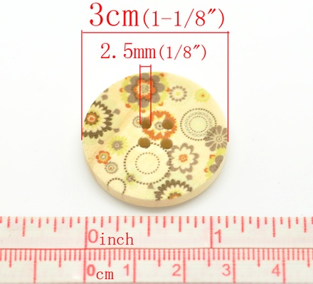 Деревянная пуговица Multicolor Flower Pattern  B15466, диаметр 3 см, 1 шт.