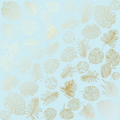 Лист односторонней бумаги с фольгированием Golden Tropical Leaves Blue,ТМ Фабрика Декора