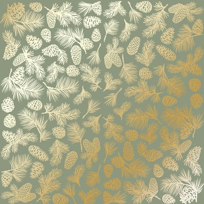 Аркуш одностороннього паперу з фольгуванням, дизайн Golden Pine cones Olive, 30,5см х 30,5см, ТМ Фабрика Декору