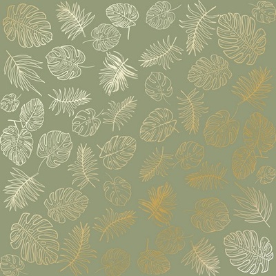Лист односторонней бумаги с фольгированием Golden Tropical Leaves Olive,ТМ Фабрика Декора