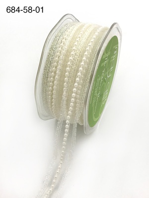 Кружево с жемчужинками - Sheer Lace Trim with Pearl Center Ribbon with Scalloped Edge, ширина 16мм, длина 90 см