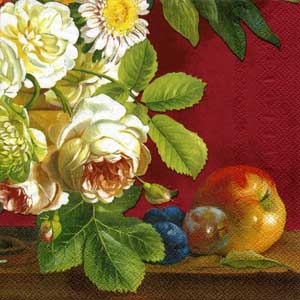 Салфетка для декупажа "Натюрморт: розы, фрукты", цвет фона: красный, размер: 33х33 см