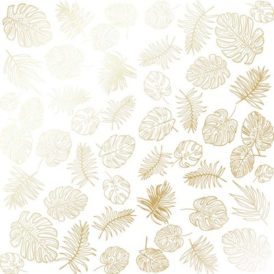 Лист односторонней бумаги с фольгированием Golden Tropical Leaves White,ТМ Фабрика Декора