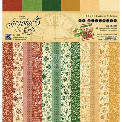 Набор скрапбумаги Graphic 45 - St Nicholas - Patterns and Solids Pad, 30х30 см, двусторонняя, 12 листов
