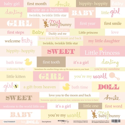 Лист односторонней скрапбумаги от Scrapmir - Inscriptions (ENG) из коллекции Doll Baby, 30x30 см