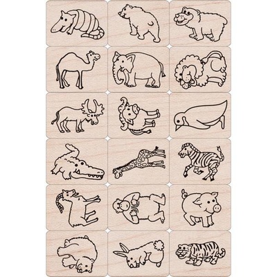 Набор резиновых штампов Hero Arts - Fun Animals, на деревянном блоке, 18 штук